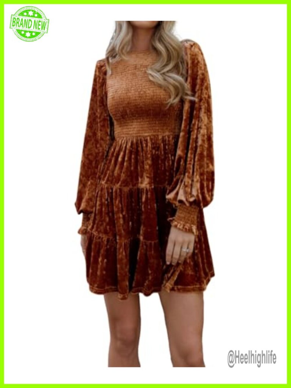 Crushed Velvet Mini Dress Long Sleeve Smocked A-Line Ruffle Fall Winter